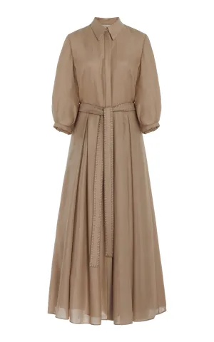 Andy Pleated Maxi Shirtdress in Khaki Virgin Wool Cashmere