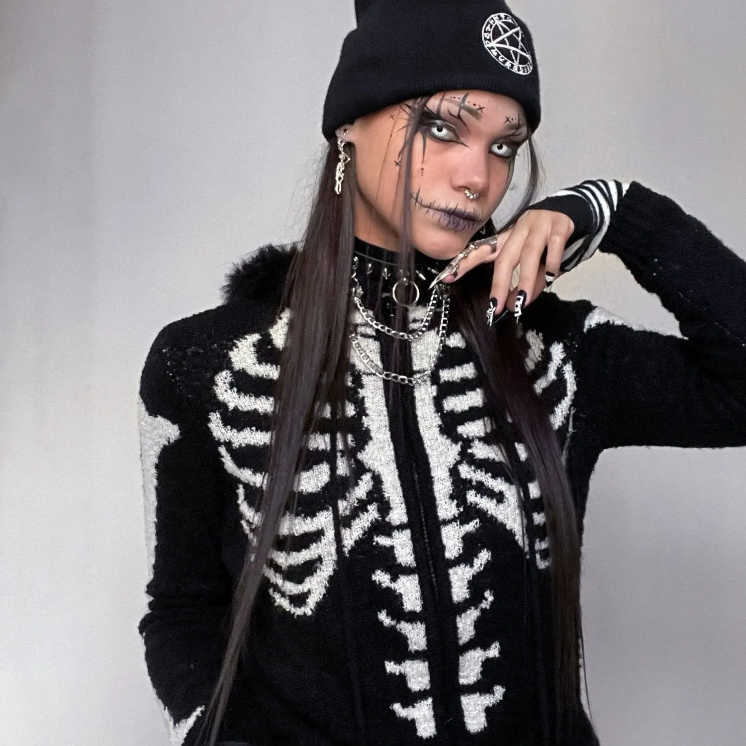 Bony Rib Cage Skeleton Fur Zip Cardigan