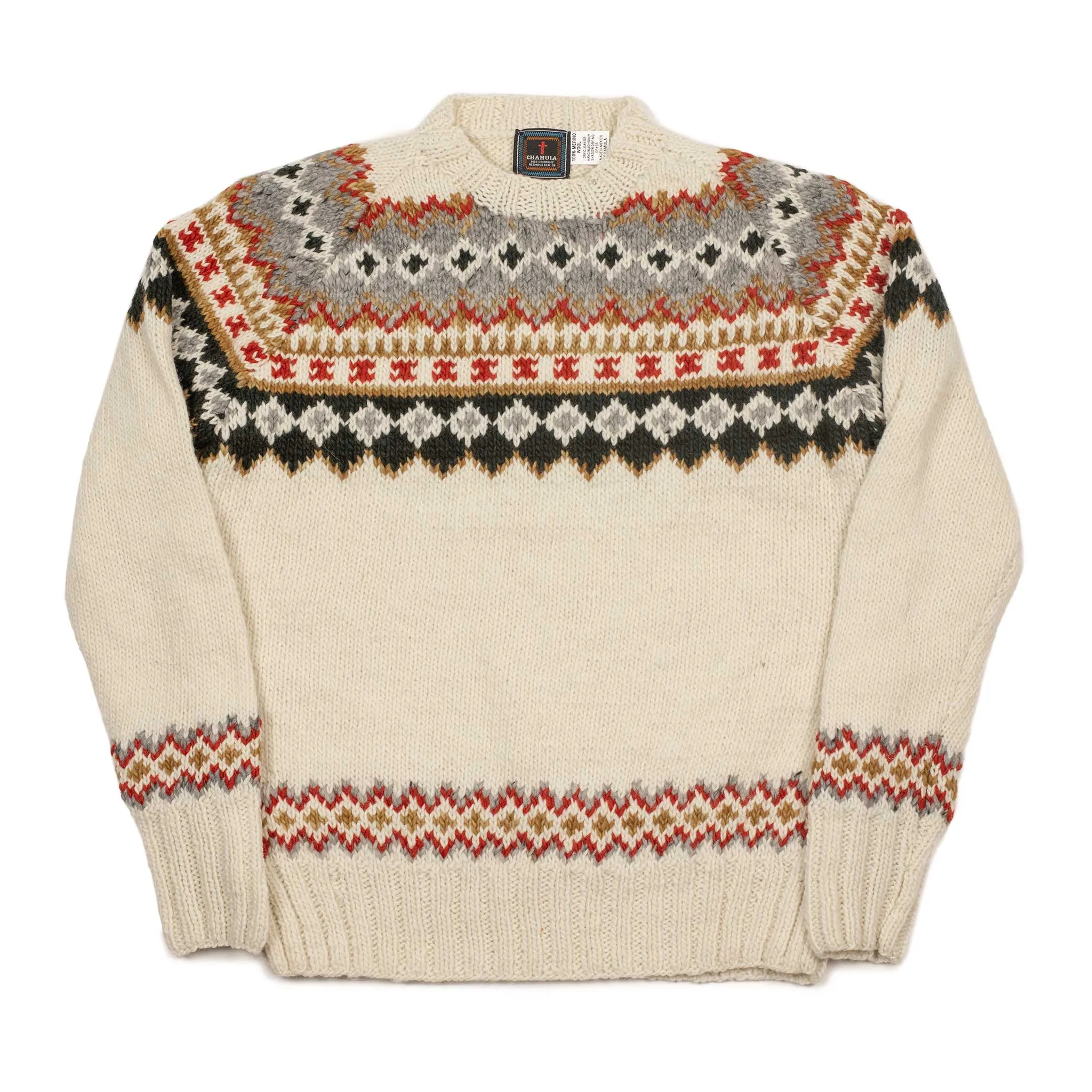 Chamula handknit crewneck sweater in ivory Fair Isle merino wool