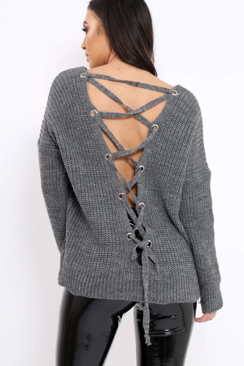 Charcoal Chunky Knit Lace Up Back Jumper - Perrie