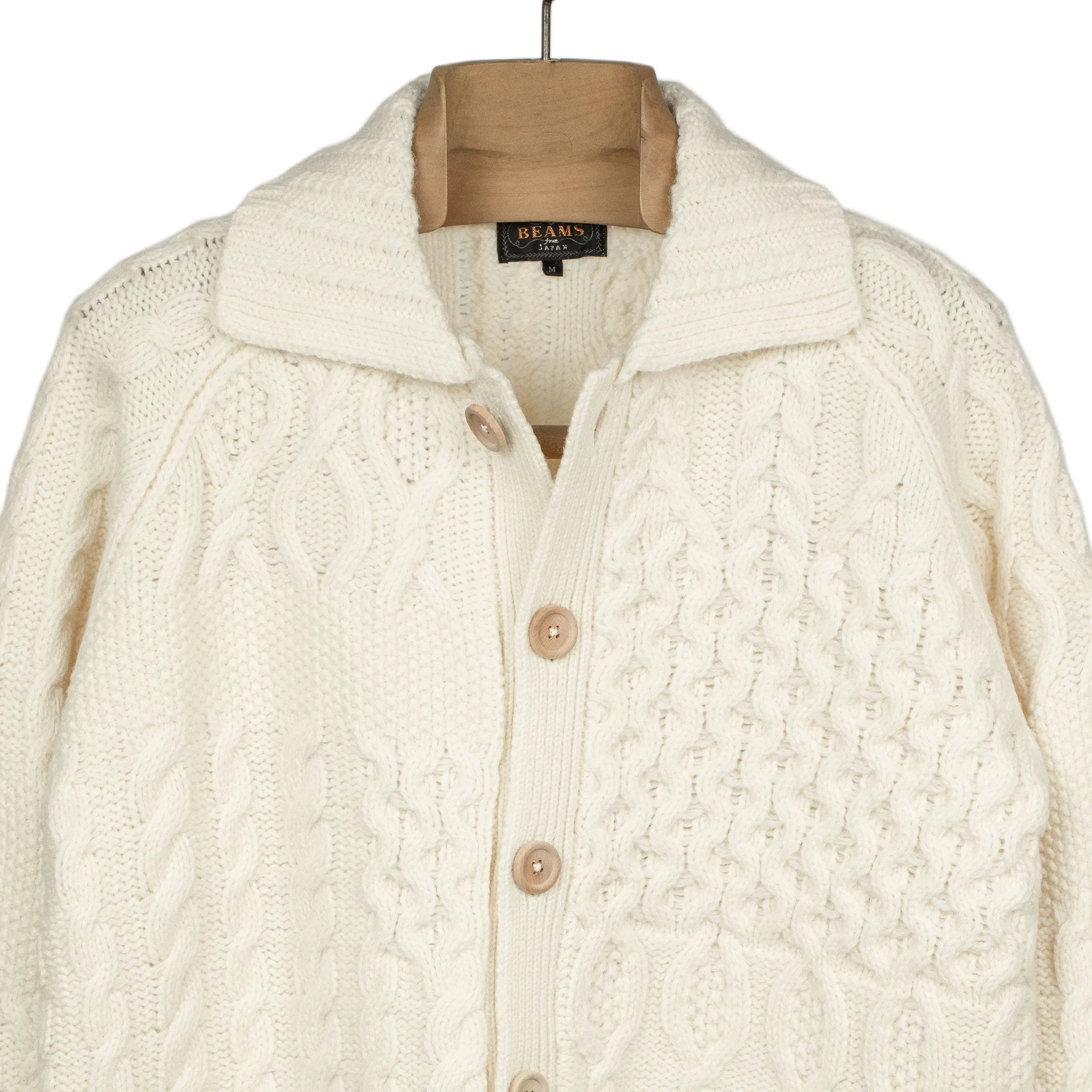 Crazy cable knit Aran cardigan in cream wool