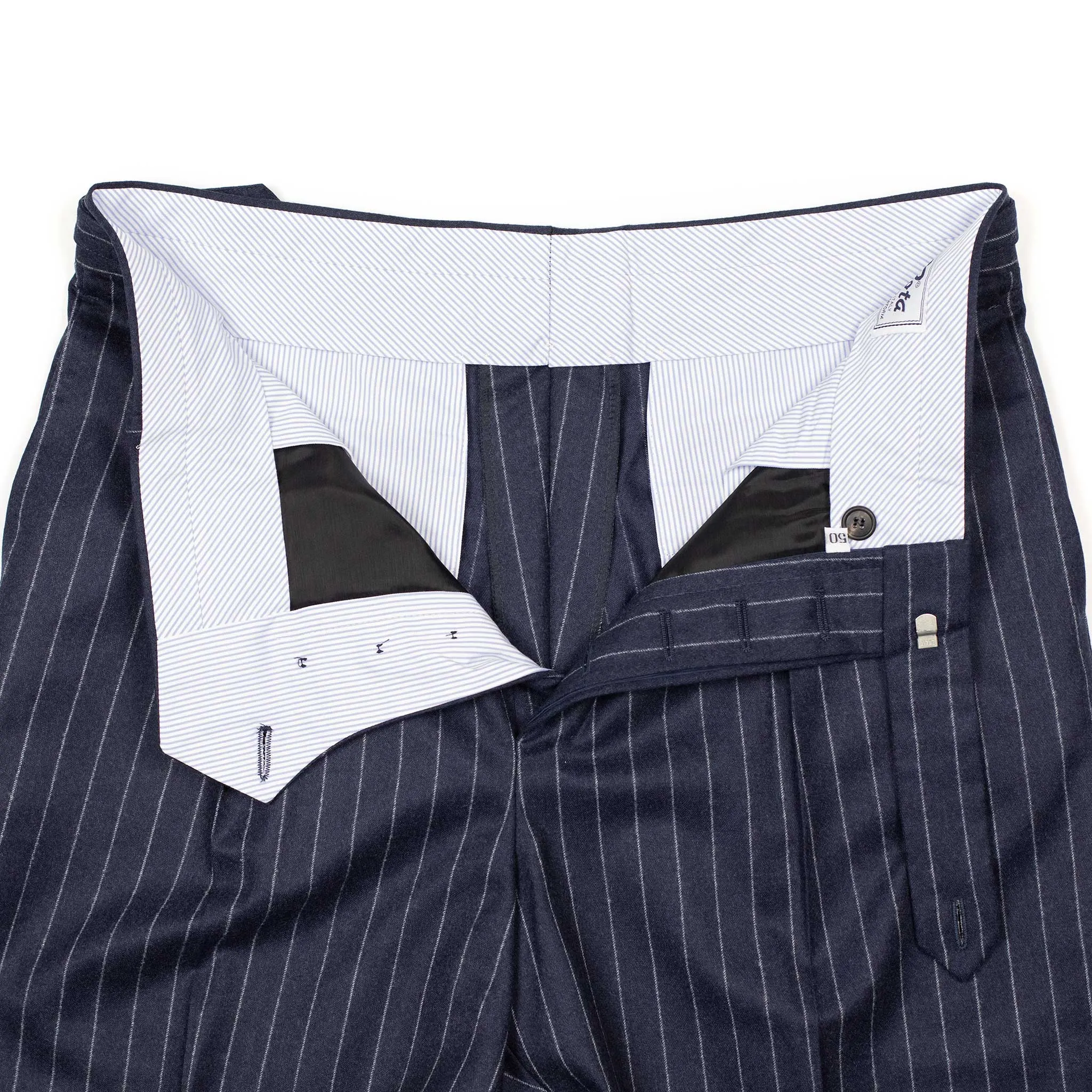 Exclusive Westside side-tab pleated high-rise wide trousers in navy chalk stripe wool