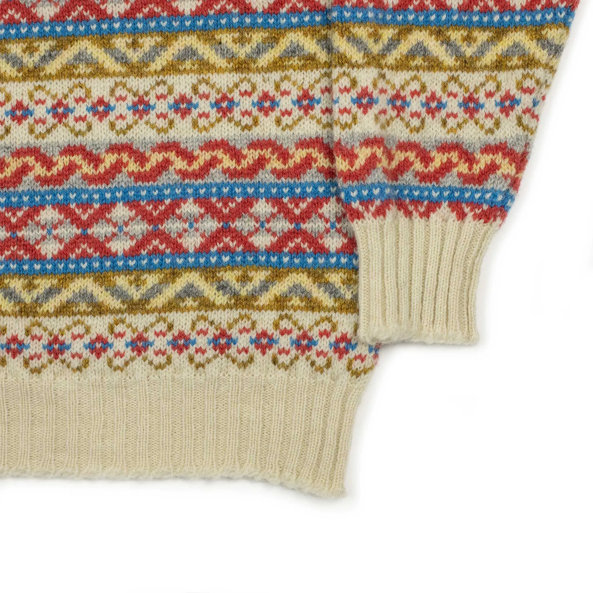 Fair Isle crewneck sweater, ecru, red, blue, olive