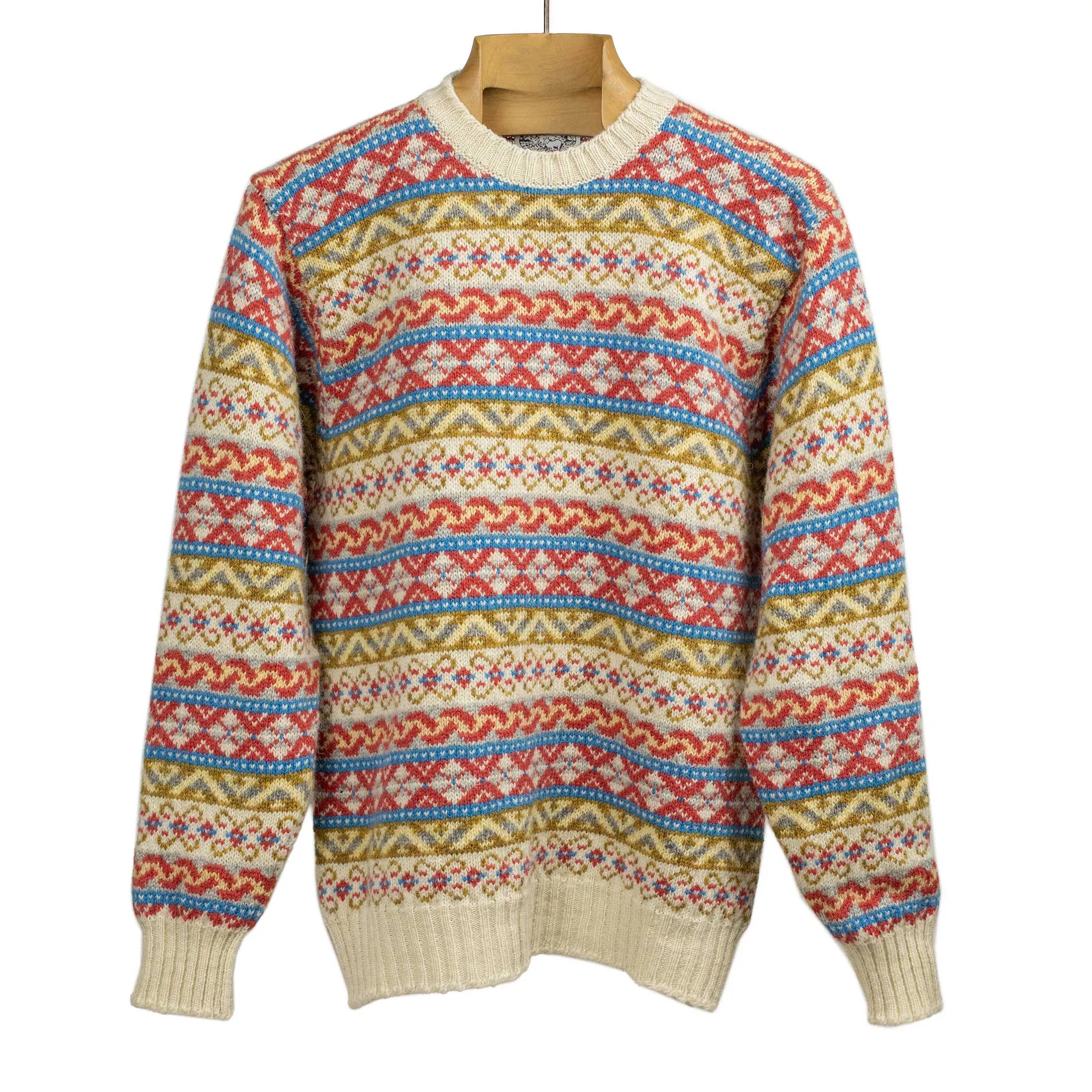 Fair Isle crewneck sweater, ecru, red, blue, olive