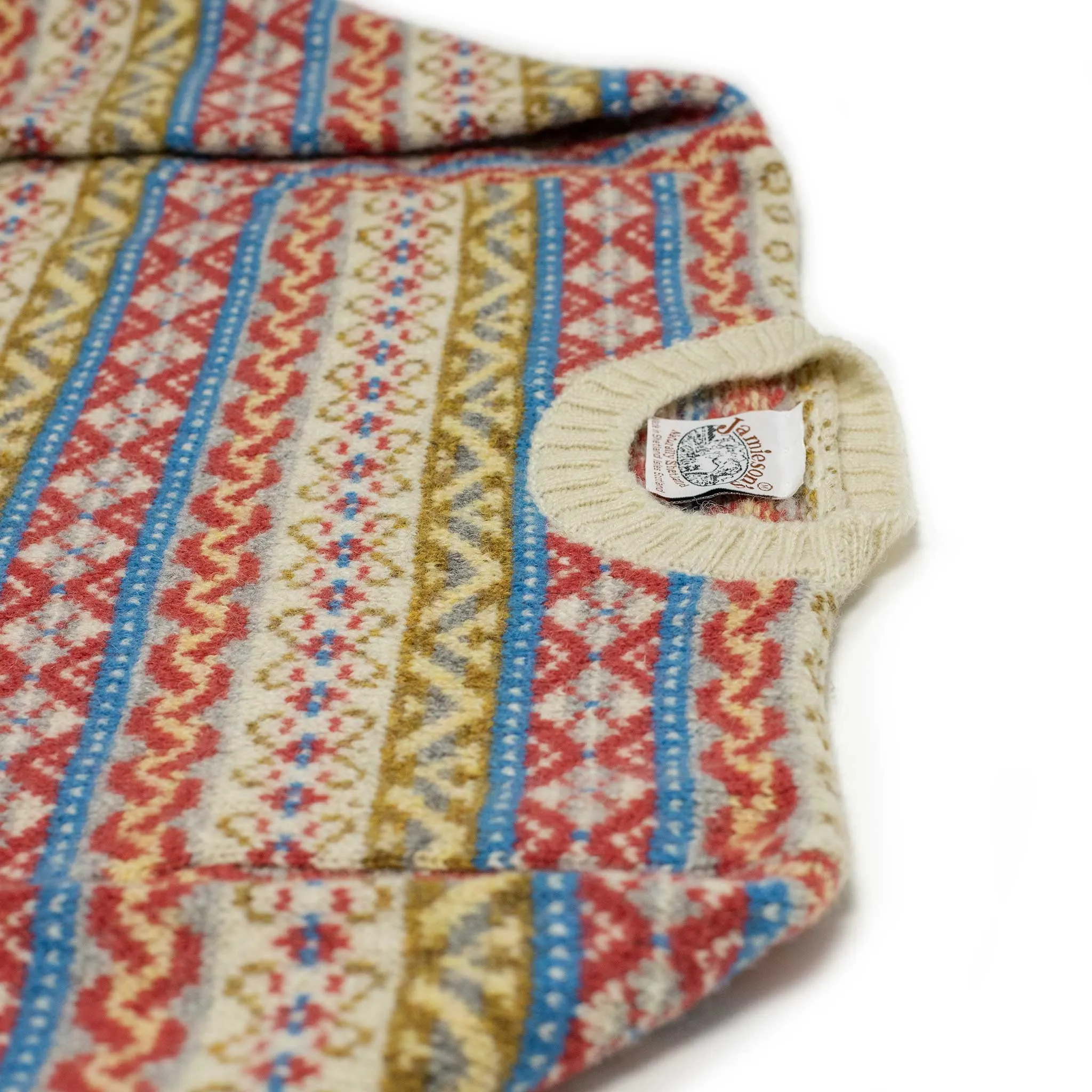 Fair Isle crewneck sweater, ecru, red, blue, olive