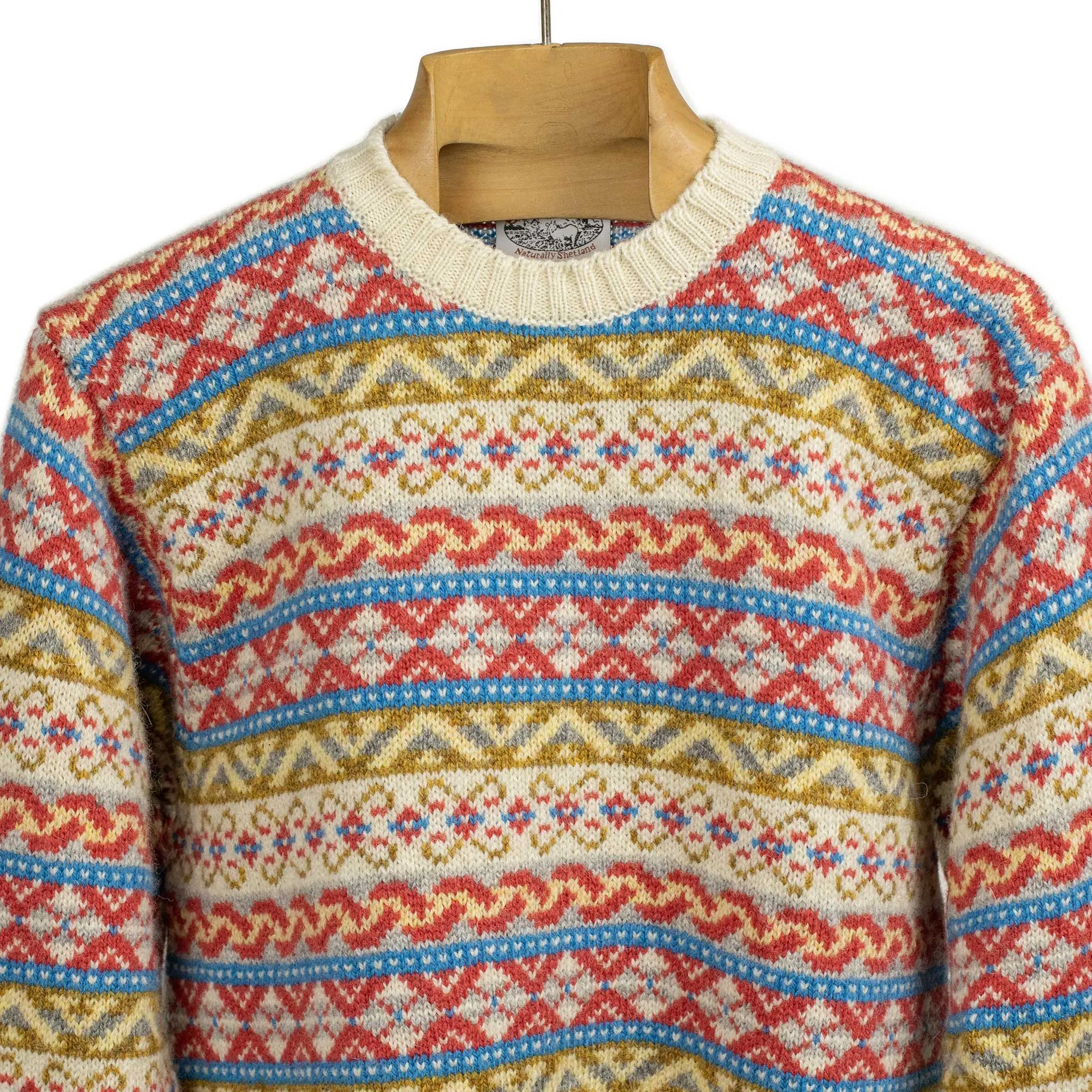 Fair Isle crewneck sweater, ecru, red, blue, olive