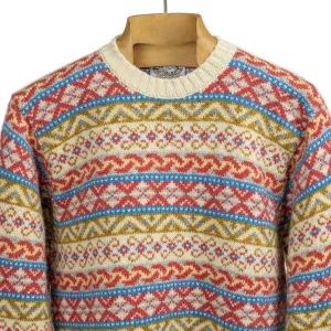 Fair Isle crewneck sweater, ecru, red, blue, olive