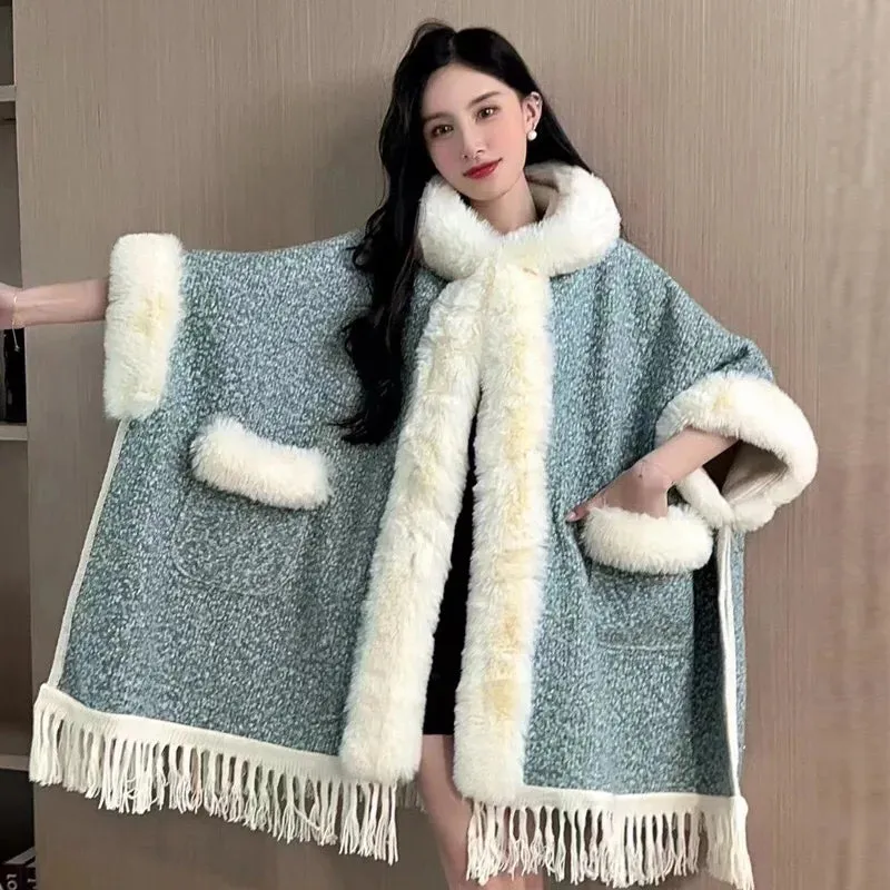 Faux Fur Cape Coat Over Sized Poncho Hooded  Loose Cardigan Shawl