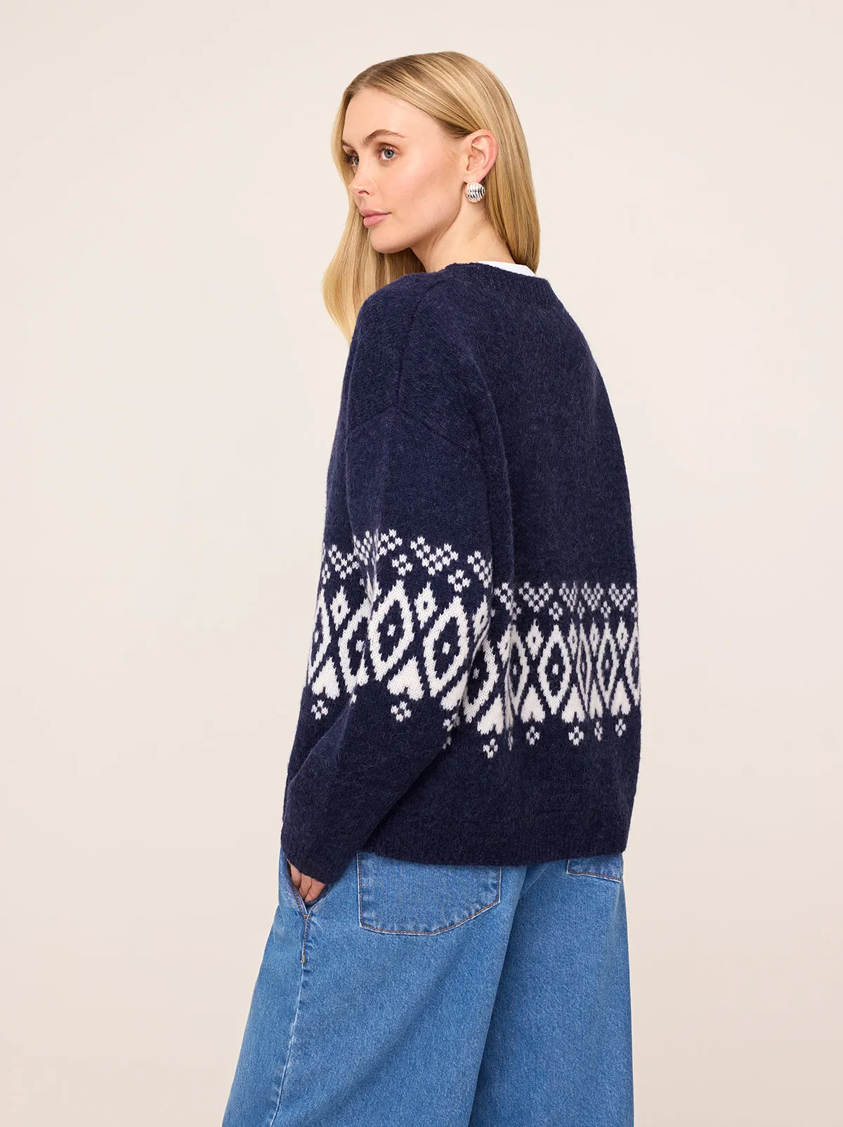 Felicia Navy Fairisle V-Neck Knit Cardigan