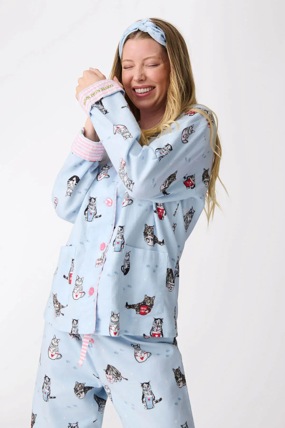 Flannels PJ Set Coffee & Cat Naps In Blue Tint - P.J. Salvage