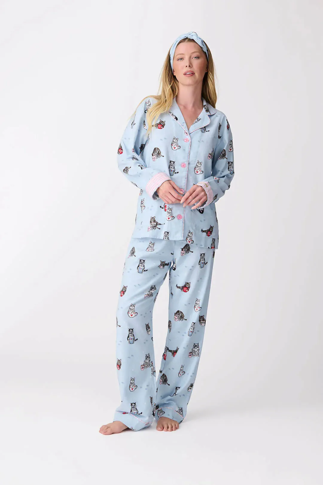 Flannels PJ Set Coffee & Cat Naps In Blue Tint - P.J. Salvage