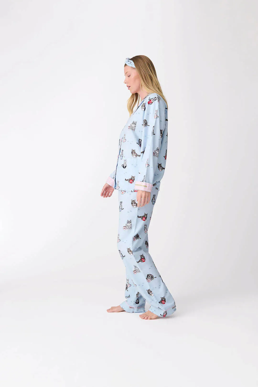 Flannels PJ Set Coffee & Cat Naps In Blue Tint - P.J. Salvage