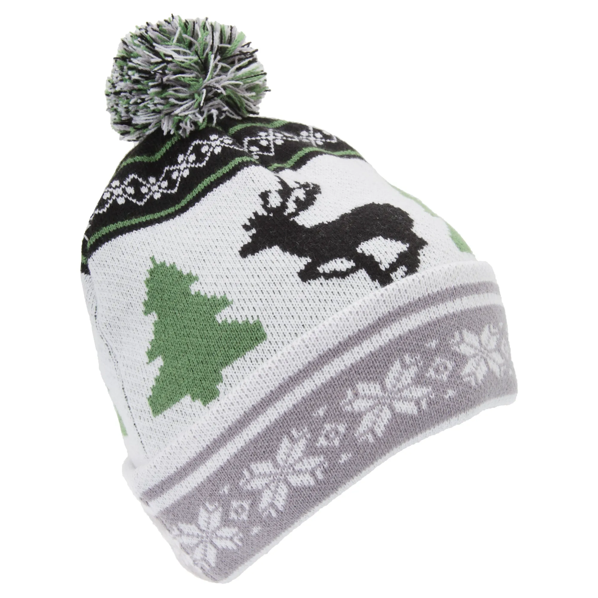 FLOSO Mens Knitted Christmas Fairisle Pattern Winter Bobble Hat