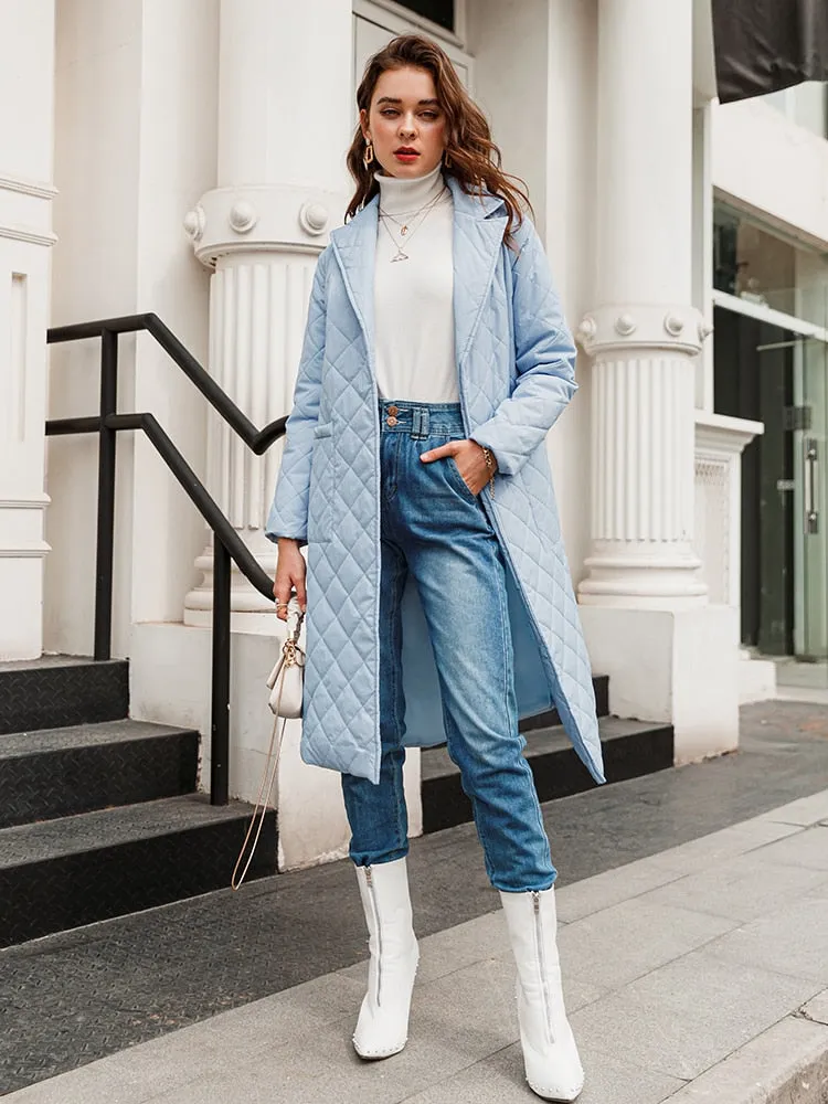 Long straight winter coat with rhombus pattern Casual sashes women parkas Deep pockets tailored collar stylish outerwear