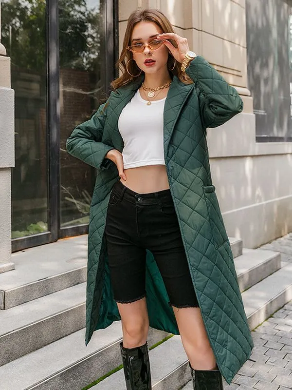 Long straight winter coat with rhombus pattern Casual sashes women parkas Deep pockets tailored collar stylish outerwear