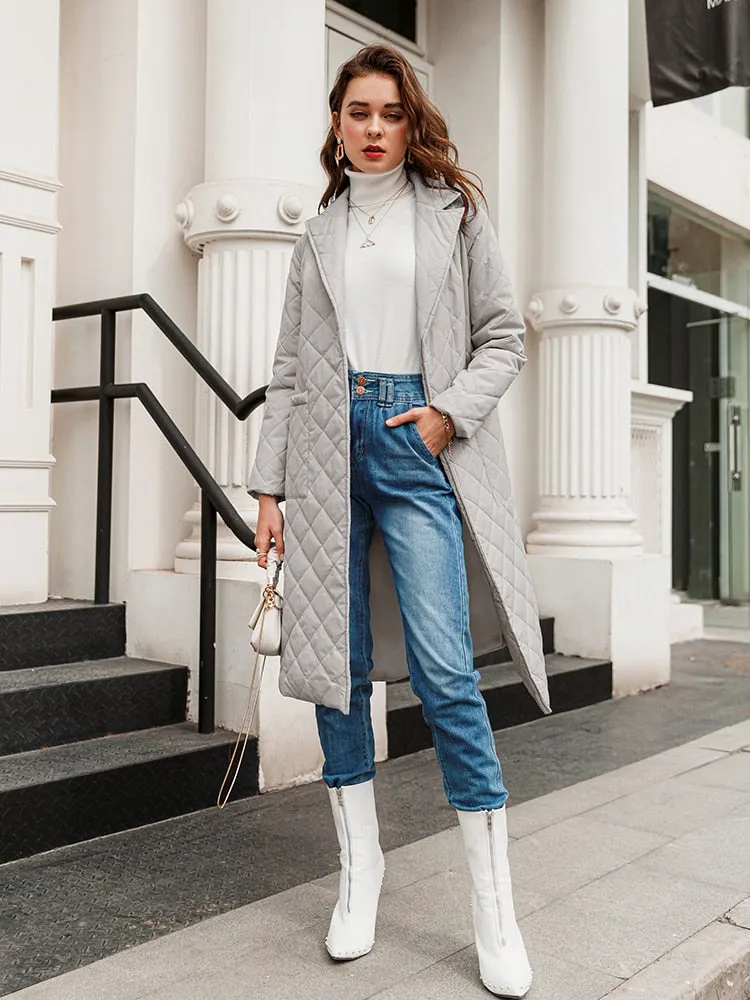 Long straight winter coat with rhombus pattern Casual sashes women parkas Deep pockets tailored collar stylish outerwear