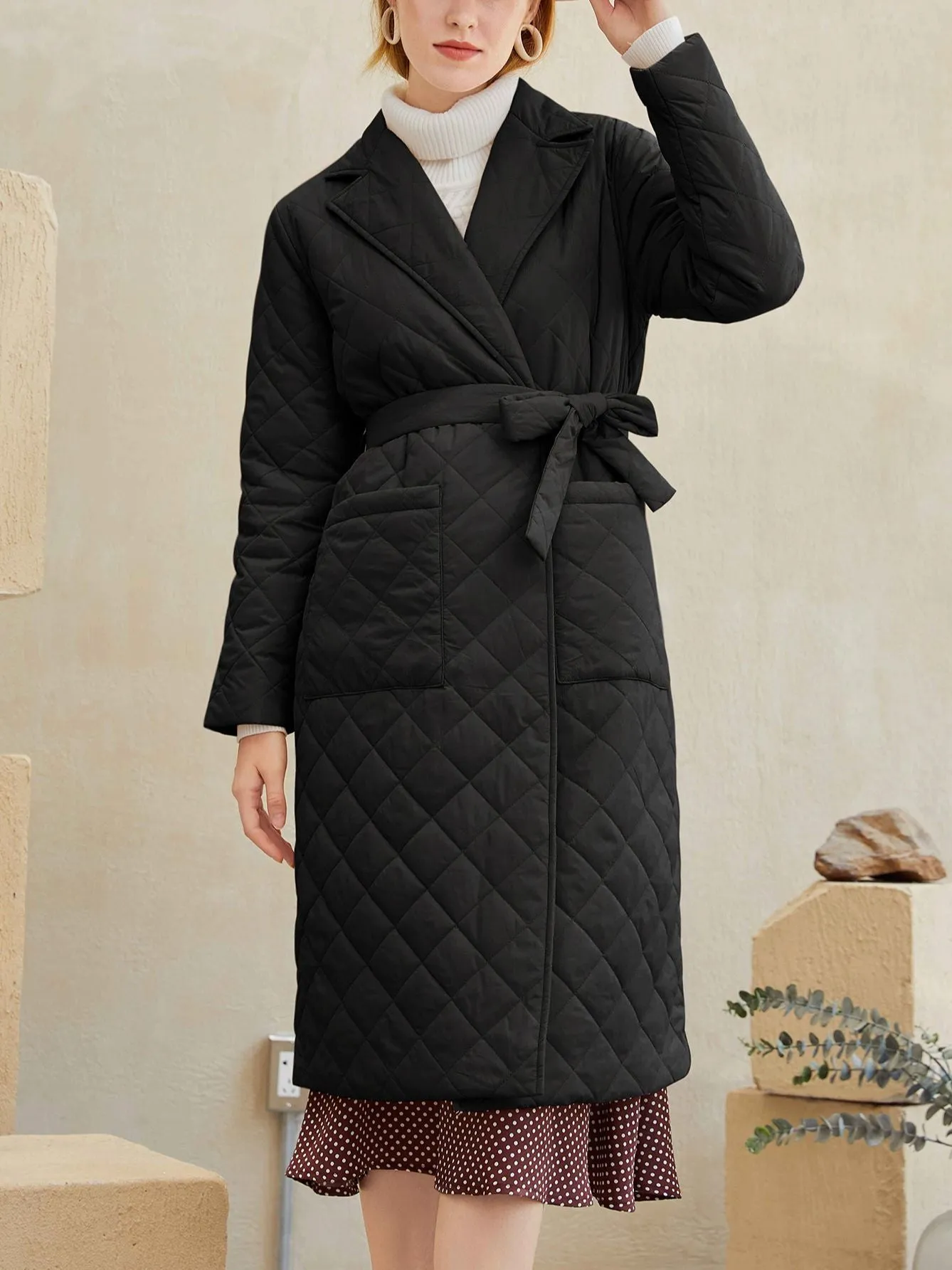 Long straight winter coat with rhombus pattern Casual sashes women parkas Deep pockets tailored collar stylish outerwear