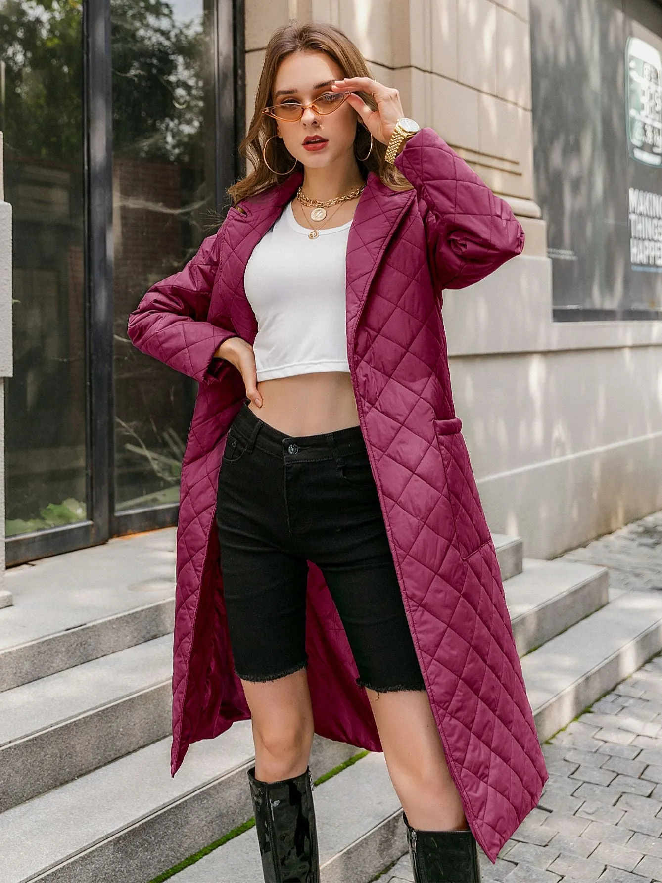 Long straight winter coat with rhombus pattern Casual sashes women parkas Deep pockets tailored collar stylish outerwear