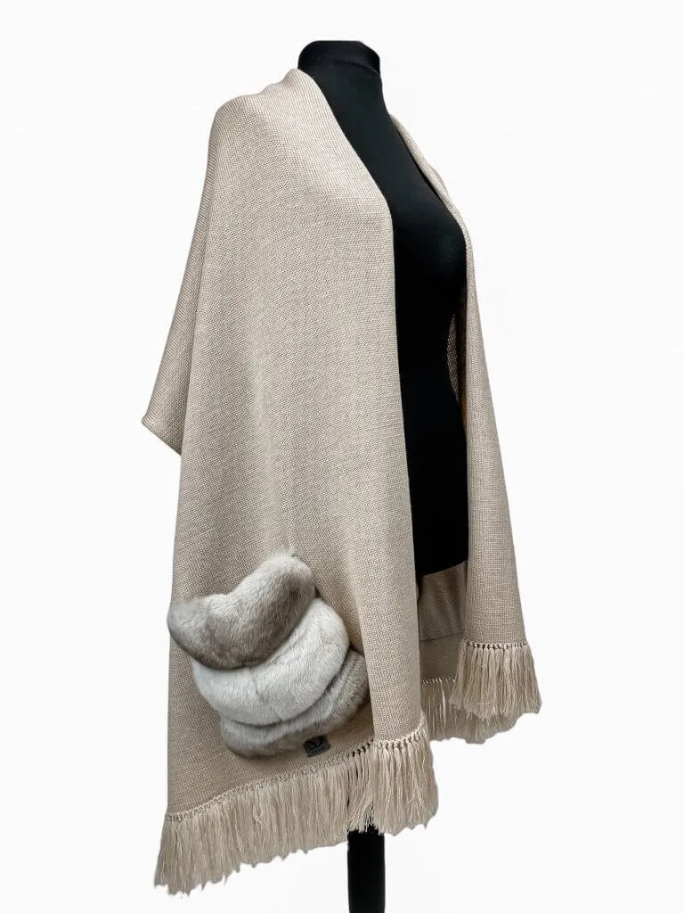 Merino Wool Shawl With Chinchilla Fur Pockets