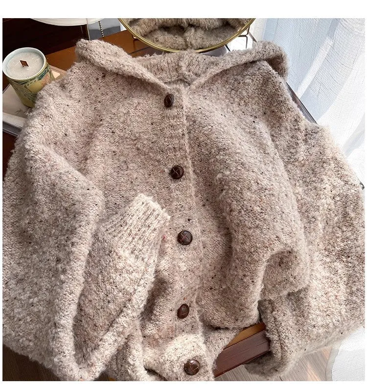 Mixed color dot hooded sweater jacket for women knitted cardigan   S4867