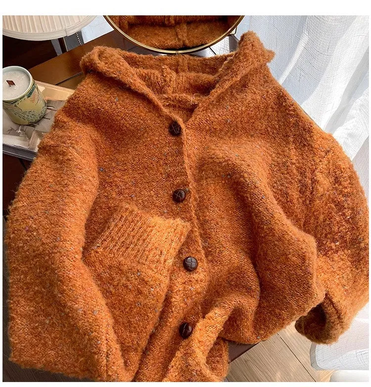 Mixed color dot hooded sweater jacket for women knitted cardigan   S4867