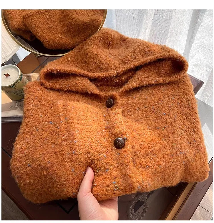 Mixed color dot hooded sweater jacket for women knitted cardigan   S4867