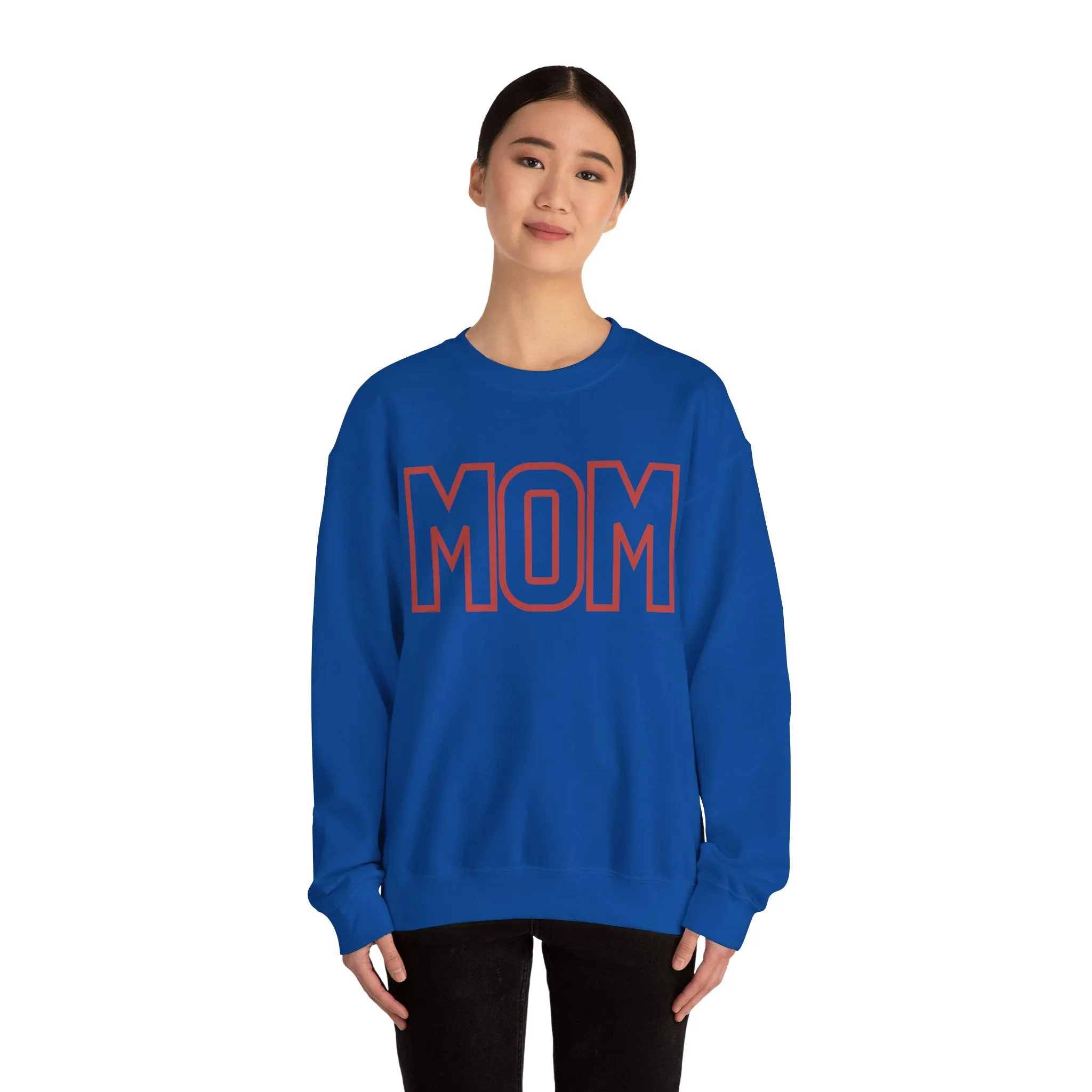 MOM Crewneck Sweatshirt, Red on Blue