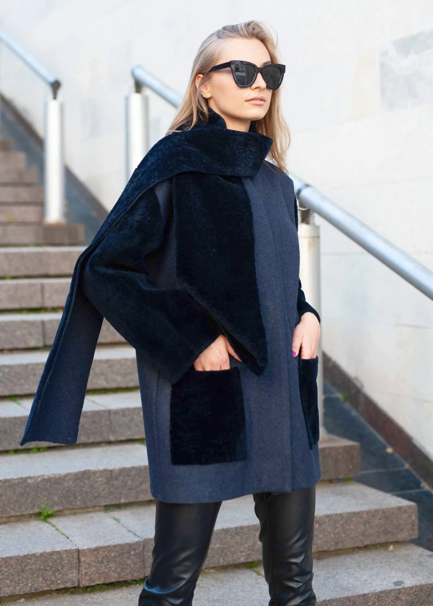 Navy Blue Shearling Coat