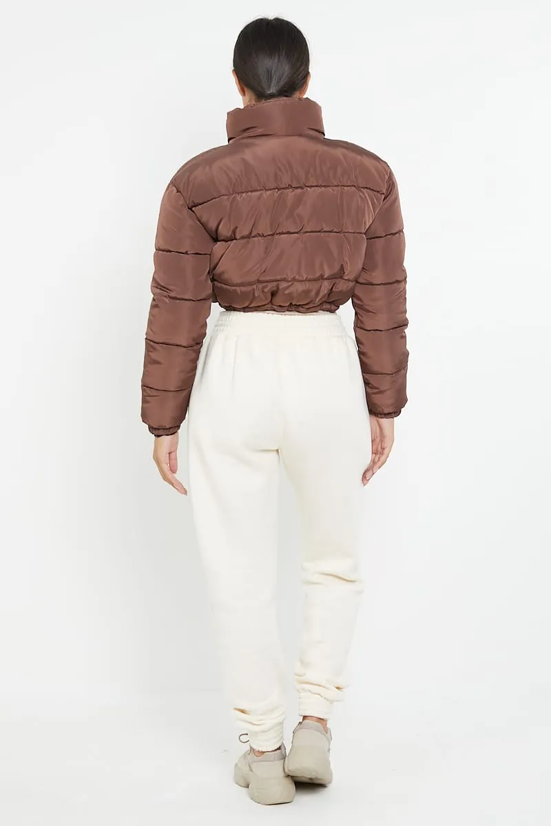 PADDED CROP PUFFER JACKET- CHOCOLATE