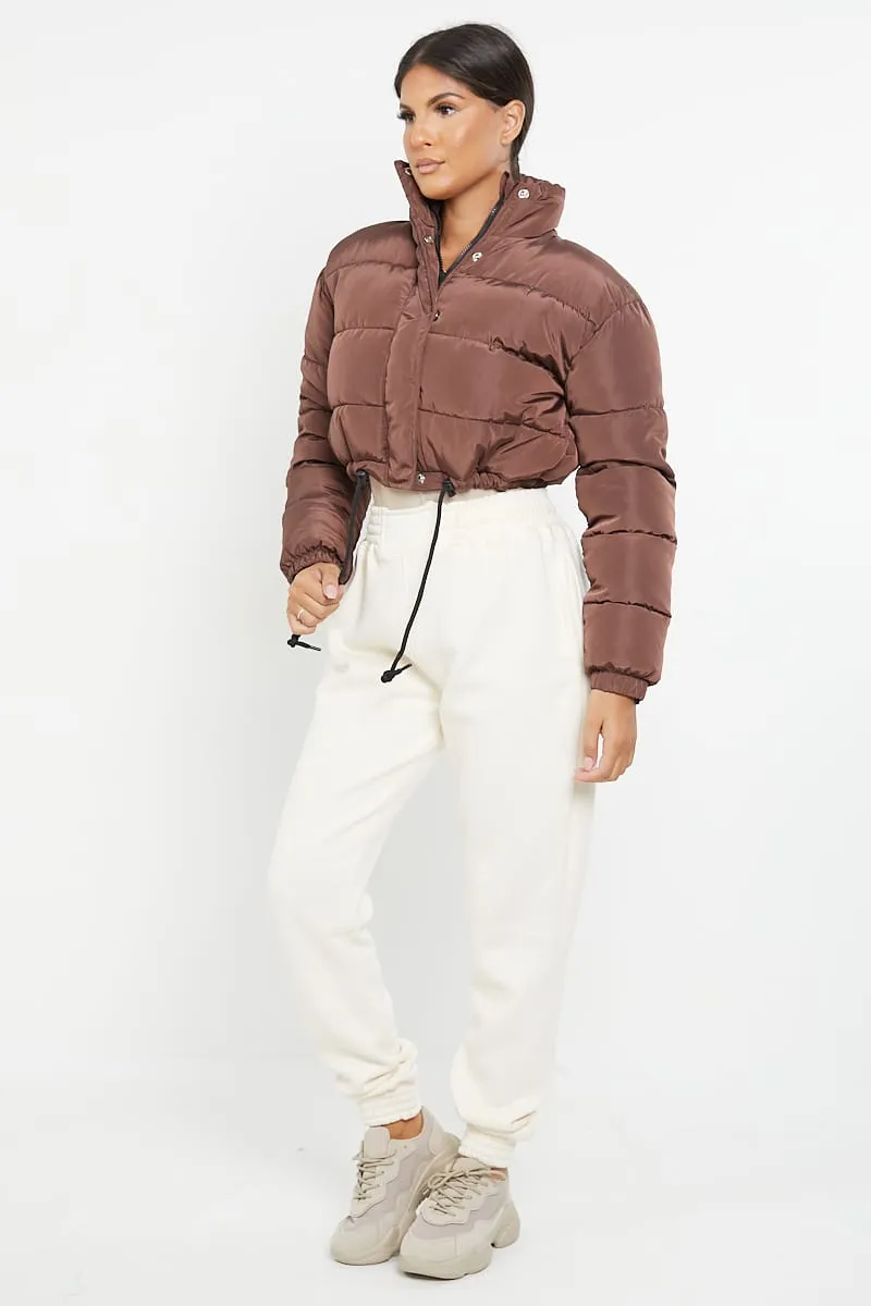 PADDED CROP PUFFER JACKET- CHOCOLATE