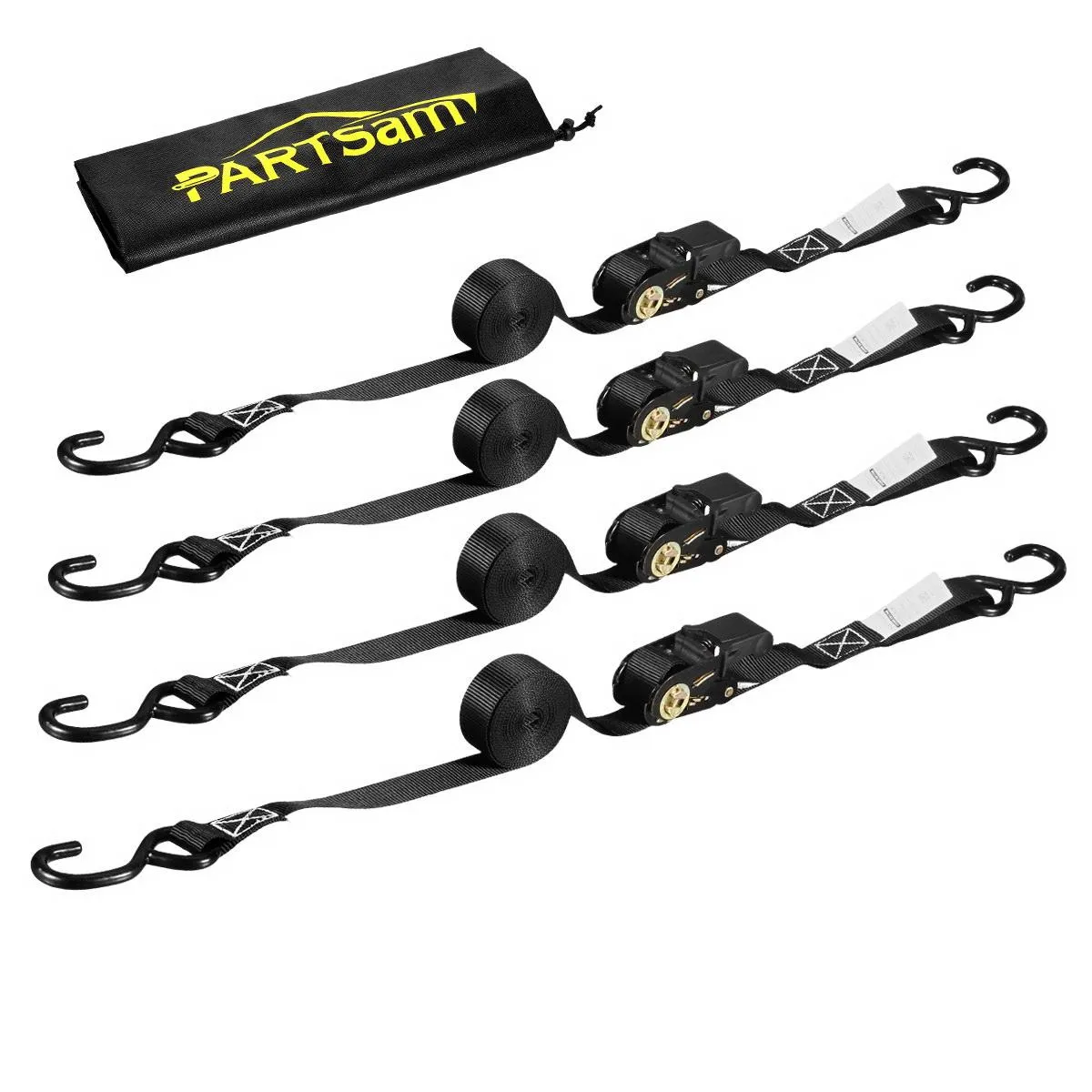 Partsam Ratchet Straps Heavy Duty Tie Down Set, 1823 Break Strength - (4) Heavy Duty 1inch x 15' Cargo Tiedowns with Padded Handles & Coated S Hooks for Moving, Securing Cargo in Carry Bag (Black)