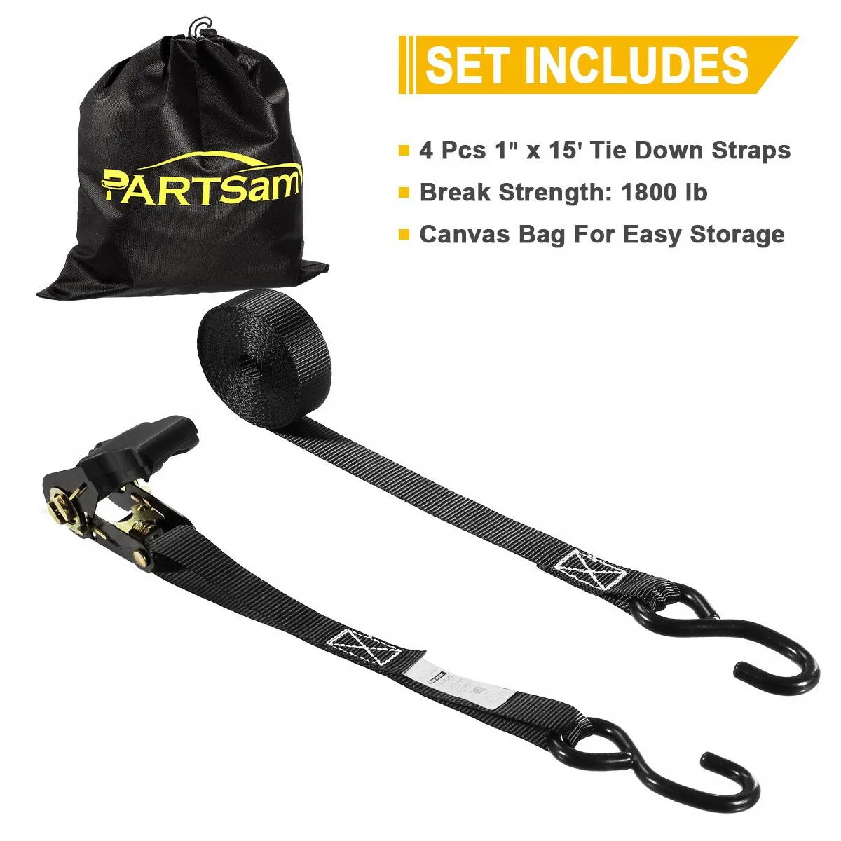 Partsam Ratchet Straps Heavy Duty Tie Down Set, 1823 Break Strength - (4) Heavy Duty 1inch x 15' Cargo Tiedowns with Padded Handles & Coated S Hooks for Moving, Securing Cargo in Carry Bag (Black)