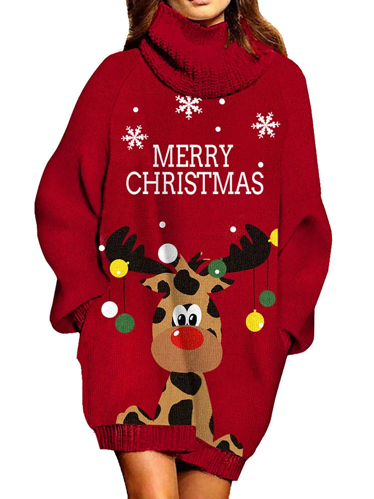 Pinkqueen Ugly Christmas Sweater Turtleneck Dresses For Women