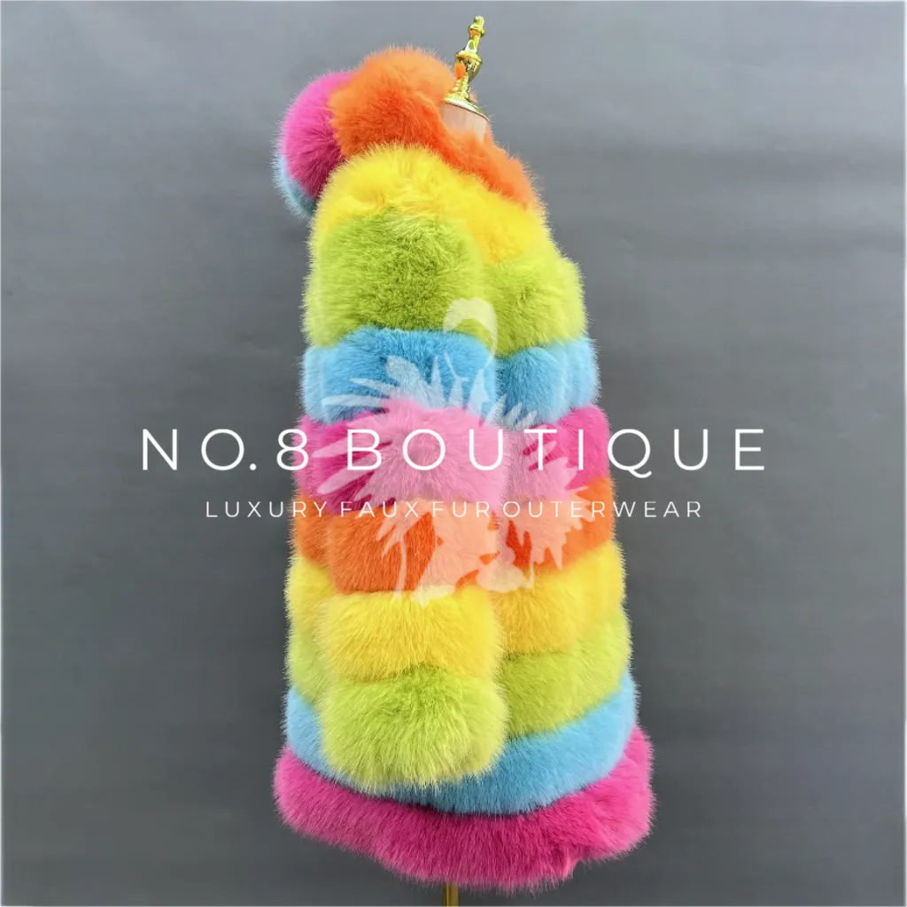 Premium Rainbow Hooded 9 Row Faux Fur Coat