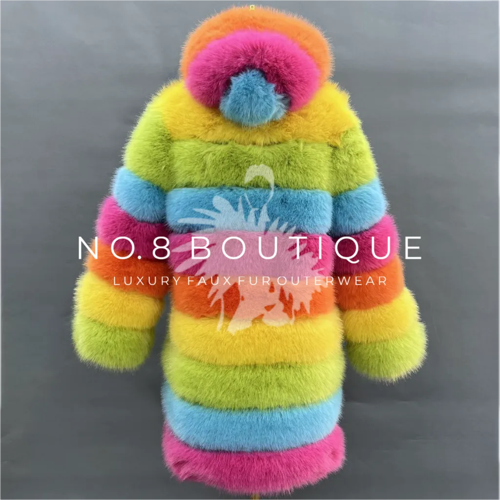 Premium Rainbow Hooded 9 Row Faux Fur Coat