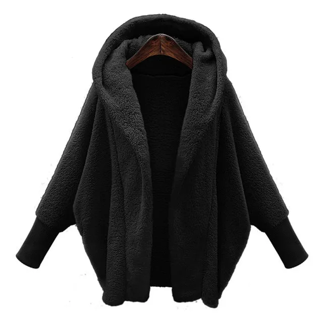 Soft Faux Fur Lantern Sleeve Hooded Plus Size Coats