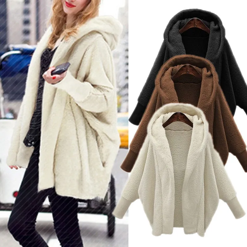 Soft Faux Fur Lantern Sleeve Hooded Plus Size Coats