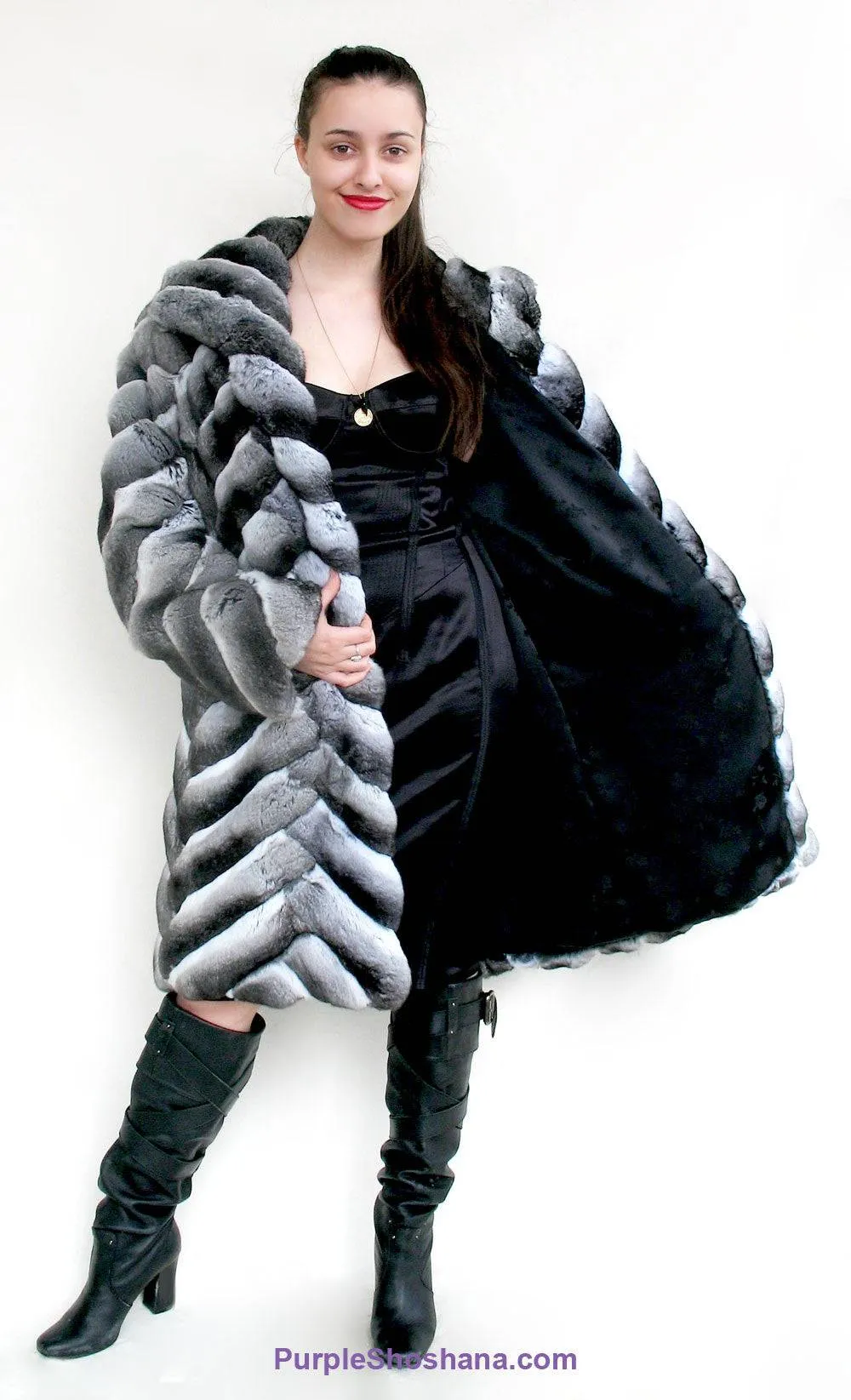 Stunning Black Velvet Genuine Chinchilla Fur Coat S/M