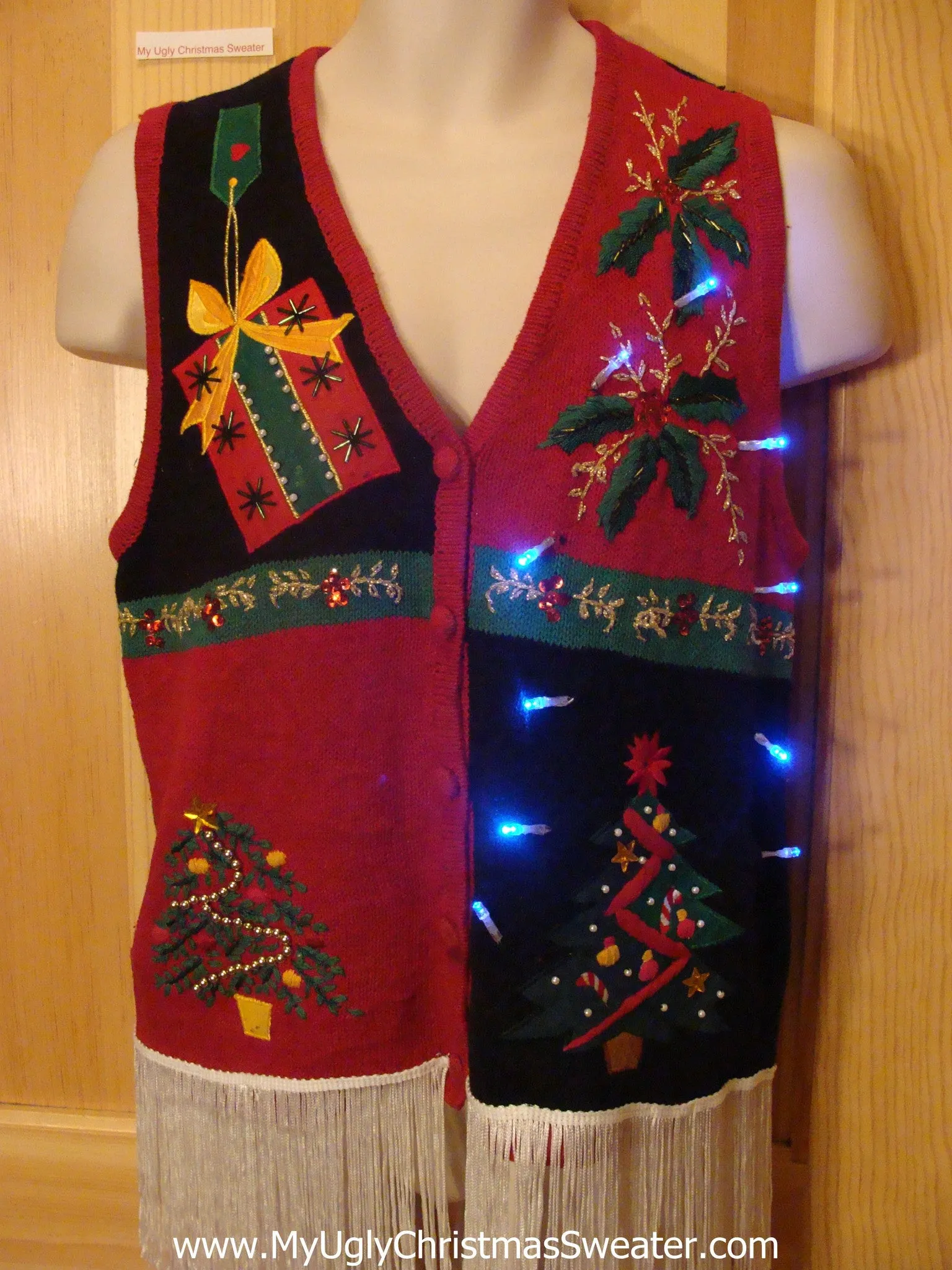 Tacky Light Up Christmas Sweater Vest Dangling Fringe Bling Tree