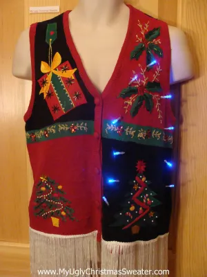 Tacky Light Up Christmas Sweater Vest Dangling Fringe Bling Tree