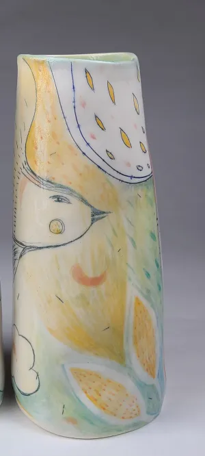 Tall Pastel Bird in Fields Ceramic Vase by Maria Moldovan