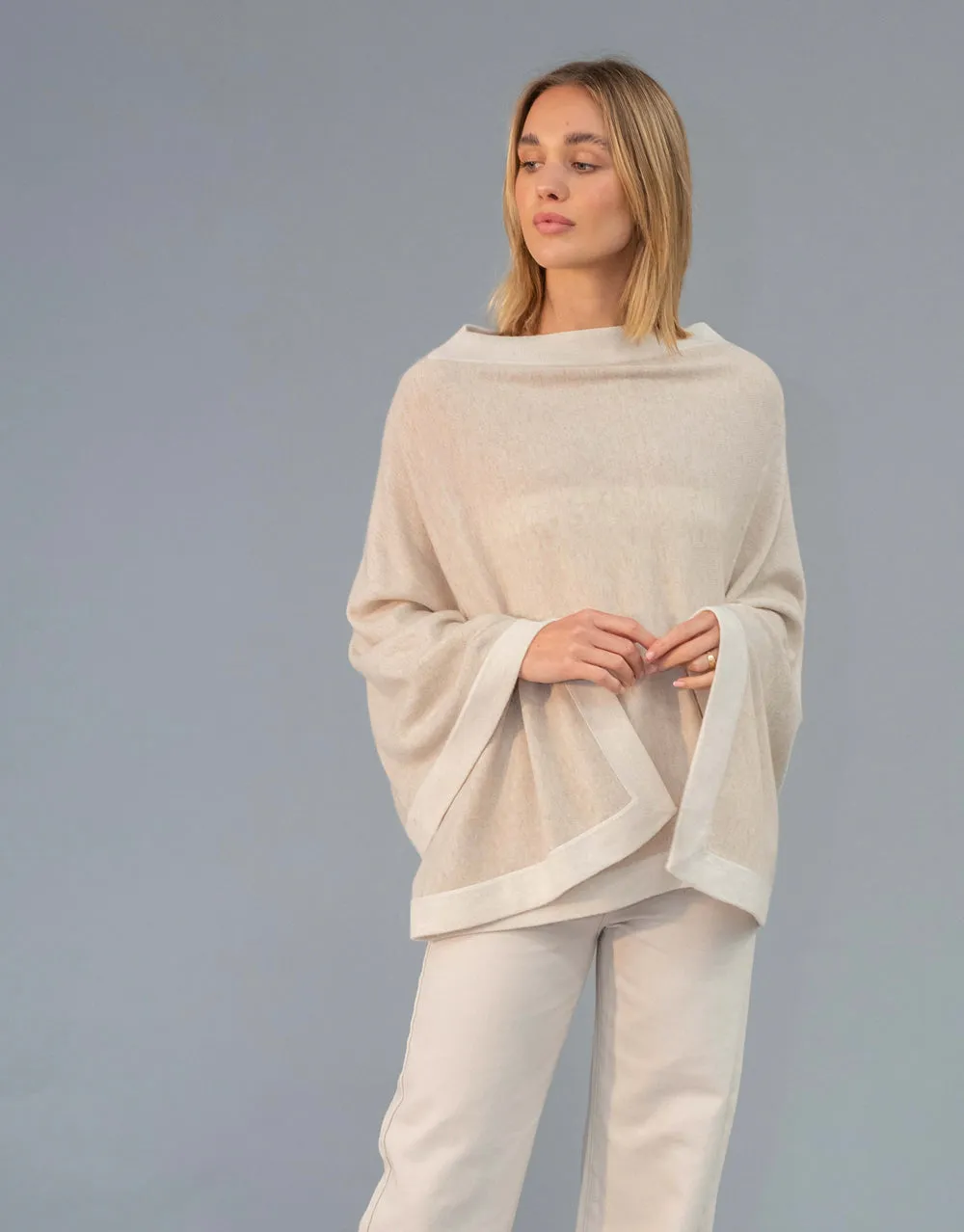 Un-Dyed Contrast Poncho in Sand