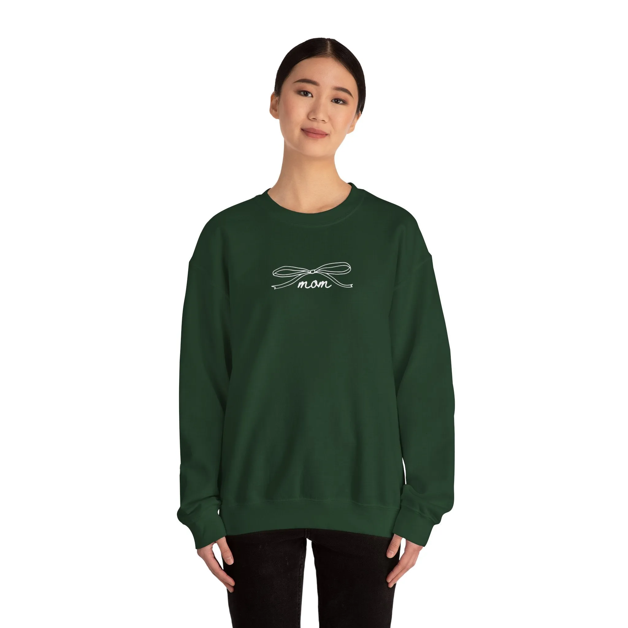 White on Dark Green MOM bow Crewneck Sweatshirt