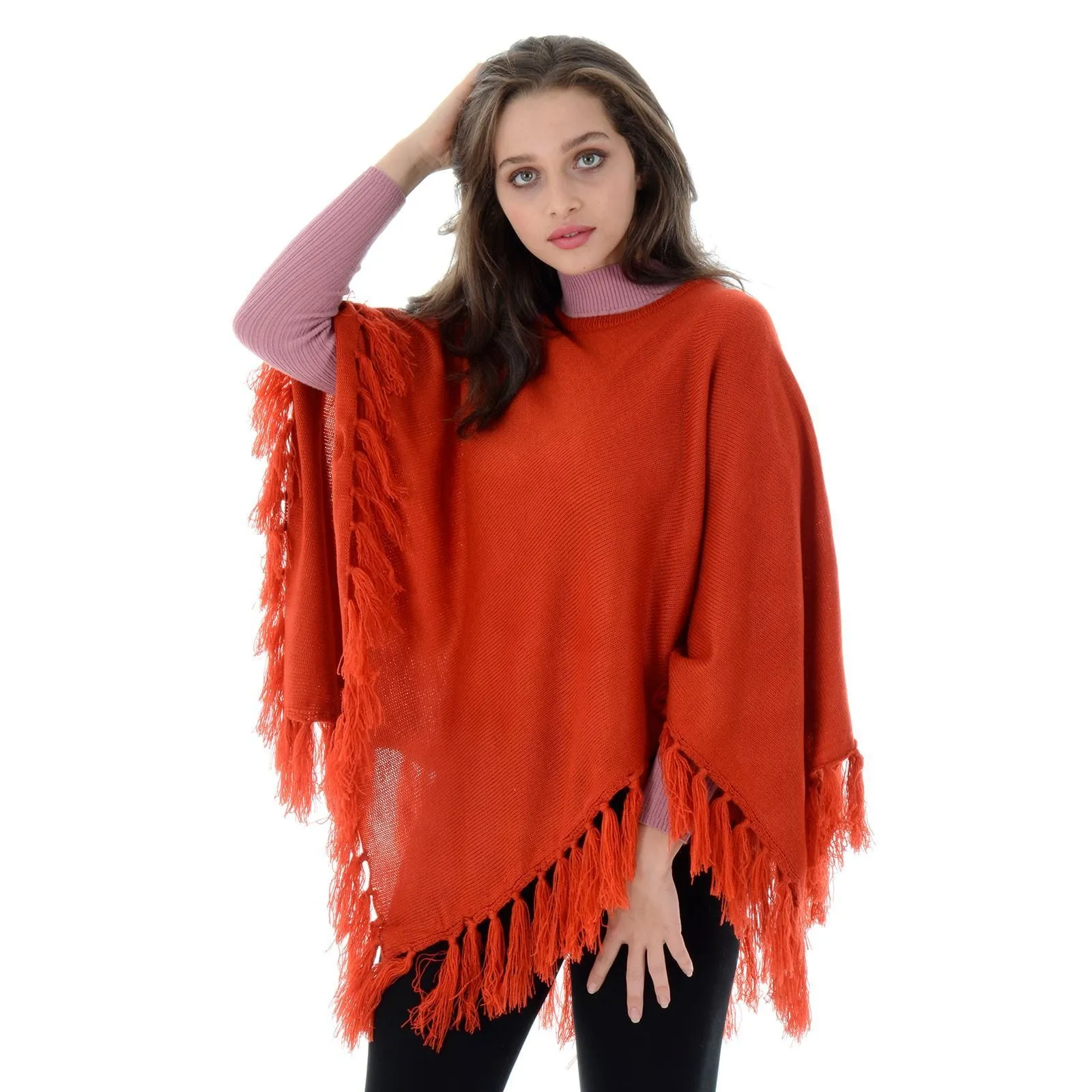 Womens Addison Tassel Poncho Knitwear Navy/Orange One Size